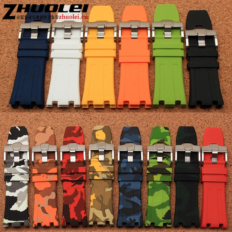 

High quality 28mm notch end camouflage rubber watchband with stainless steel clasp Waterproof silicon watch tape strap
