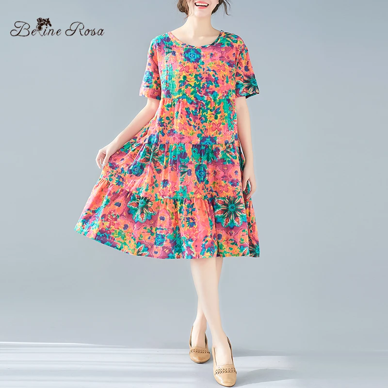 

BelineRosa Floral Printed Dress 2019 Casual Elegant Dress Ladies Woman Summer Clothes Loose Cotton Linen Dress QY000051
