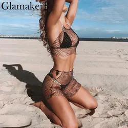 Glamaker черный прозрачный сетка мини-юбка Для женщин со стразами вечерние club короткая юбка сачок выдалбливать micro юбка-карандаш Шорты