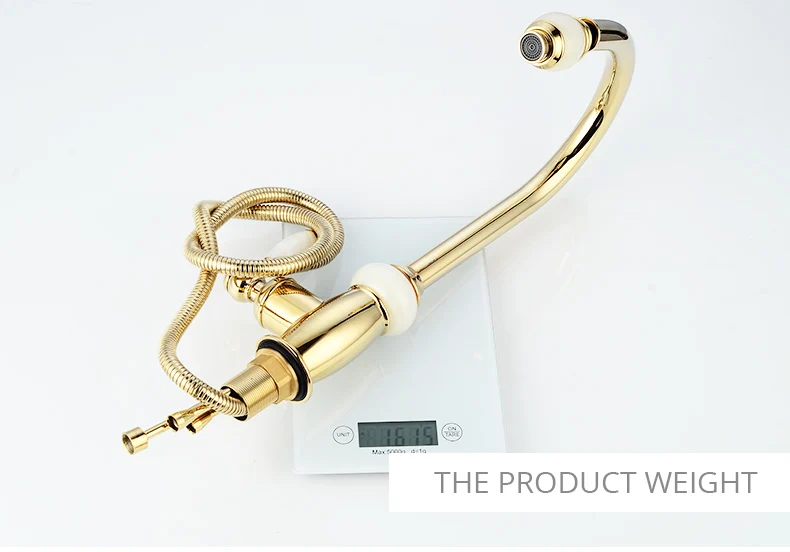 Fapully Gold Kitchen Mixer Pull Out Spray Head Faucet Jade Crystal Handle Deck Mounted Kitchen Taps Brass Sink Body Mixer 549-33