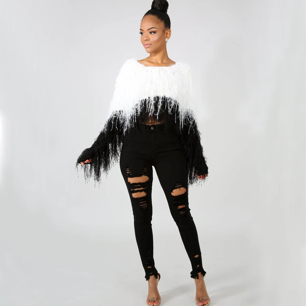 

winter new hot sweater long-sleeved women's front and back two hand-woven tassels hooded low-cut irregular sweater
