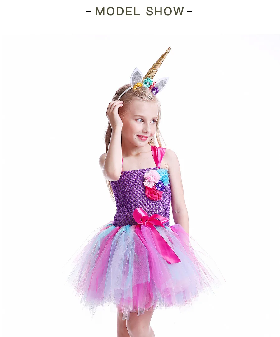Elegant Rainbow Unicorn Girls Tutu Dresses Kids Flowers Birthday Party Dress with Headband Children Princess Tulle Prom Clothing  (10)