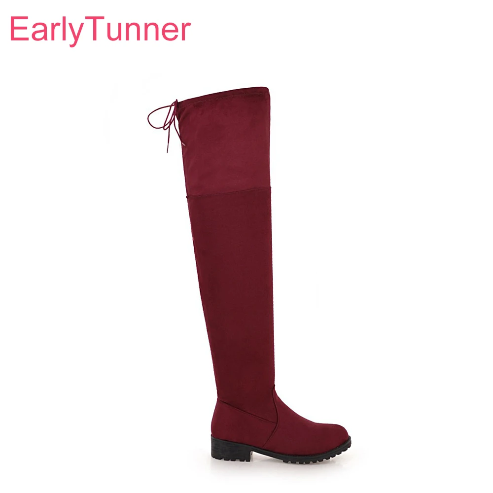 

2018 Brand New Winter Sexy Black Red Women Thigh High Riding Boots Med Heels Lady Over Knee High Shoes EA7 Plus Big Size 10 43