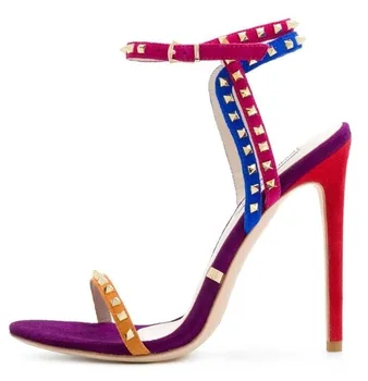 

Multicolour Suede Studded Sandals 2018 Women Peep Toe Stiletto Heel Rivets Patchwork Sandals Gladiator Women Drop Shipping