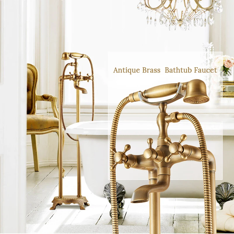 Classic Antique Brass Dual Handle Bathroom Free Standing Tub Faucet