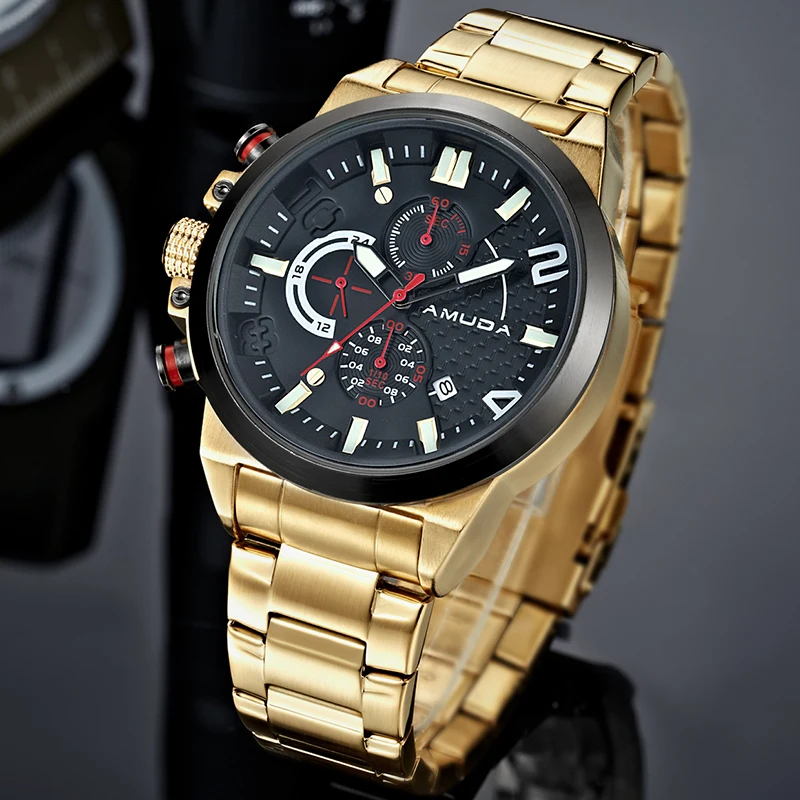 AMUDA Big Dial Golden Quartz Wristwatches Men Stop Watch Waterproof
