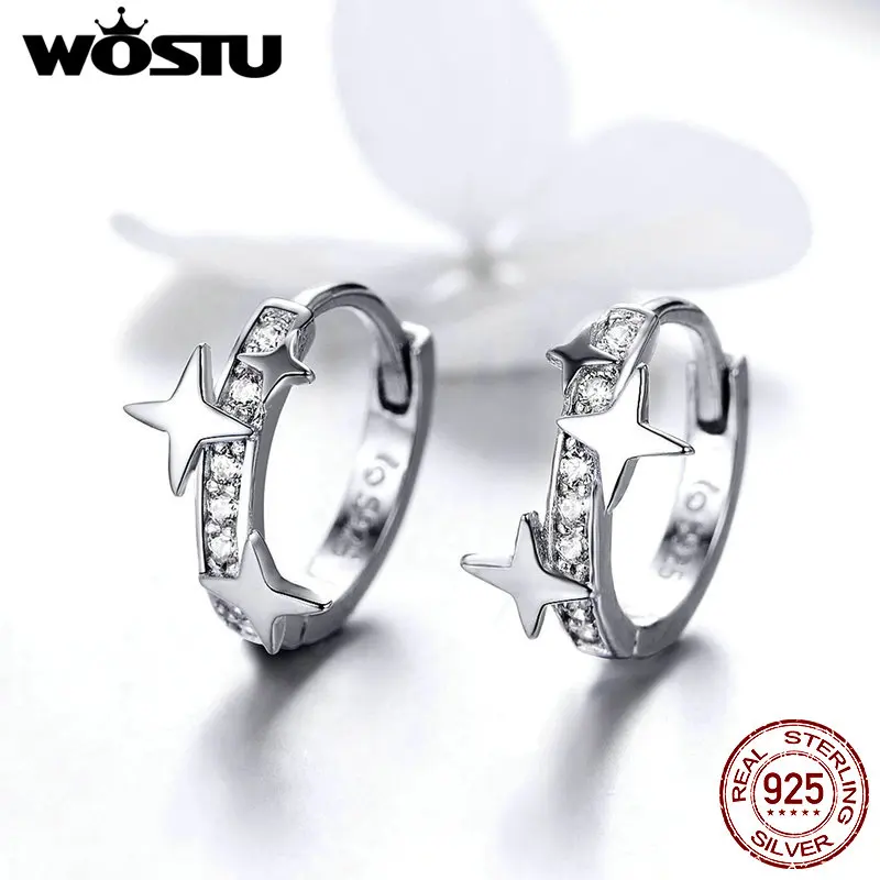 WOSTU серьги-кольца с блестящей звездой, 925 пробы, серебряный, сверкающий циркон, круглые маленькие серьги для женщин, элегантные ювелирные изделия FNE076