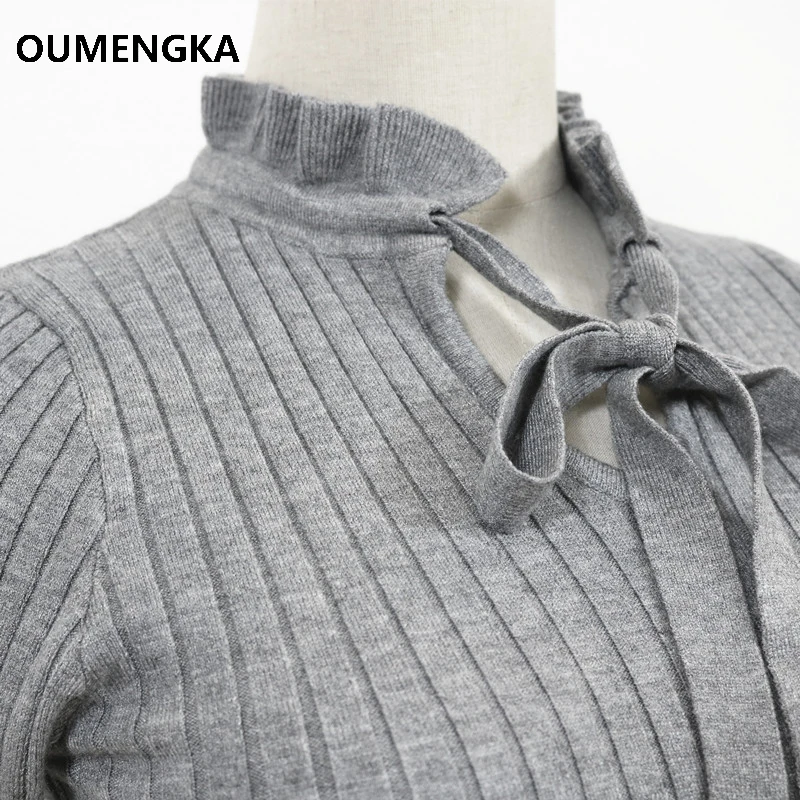 Casual Slim Sweater Women 2018 Autumn Knitting Pullovers Lace Up Long Flare Sleeve Ruffle Knitting Pullover Winter Woman Sweater Sweaters