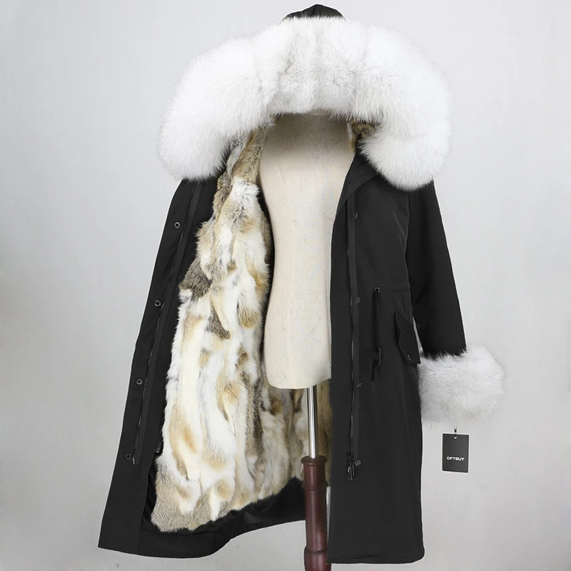 OFTBUY X-long Parka водонепроницаемое пальто натуральный мех зимняя куртка женская натуральный Лисий мех воротник капюшон манжеты подкладка из натурального кроличьего меха Повседневная - Цвет: black white