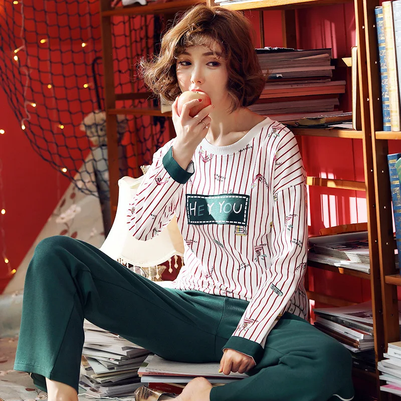 

Fashion Women Pajamas Long Sleeve 100% Cotton Quality Letter Striped Pajama Sets Plus Size Long Tops Long Pant Female Sleepwear