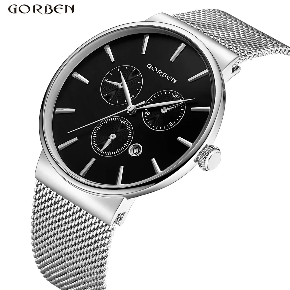 

Luxury Brand Stainless Steel Mesh Band Watch Men Ultra-Thin Steel Dial Date Waterproof Sports Quartz Mens Wristwatches Best Gift