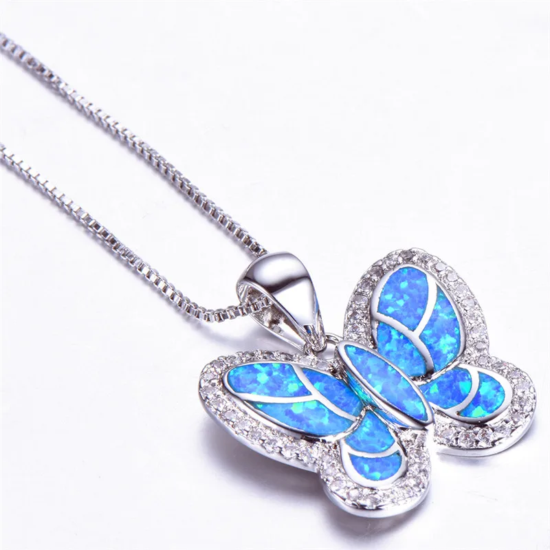 

Luxury Female Big Butterfly Pendants Necklaces Cute Lovely White Blue Fire Opal Necklace 925 Silver Wedding Necklaces For Women