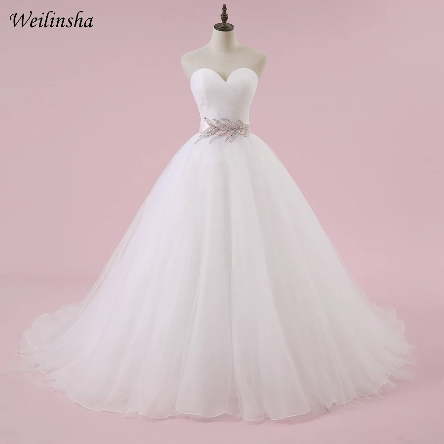Weilinsha Cheap Wedding Dress With Pink Belt Sweetheart Sleeveless