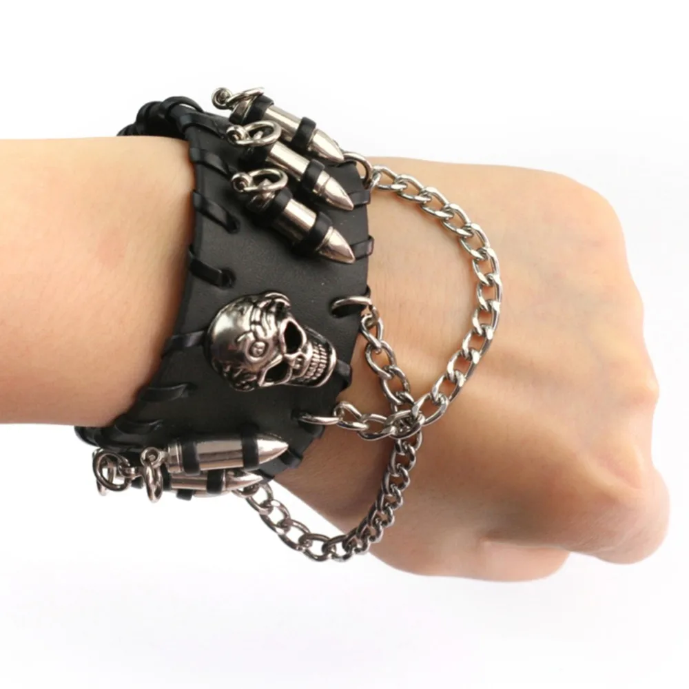 Skull Bullet Leather Cuff Bracelet Bangle Wristband Gothic Rock Punk