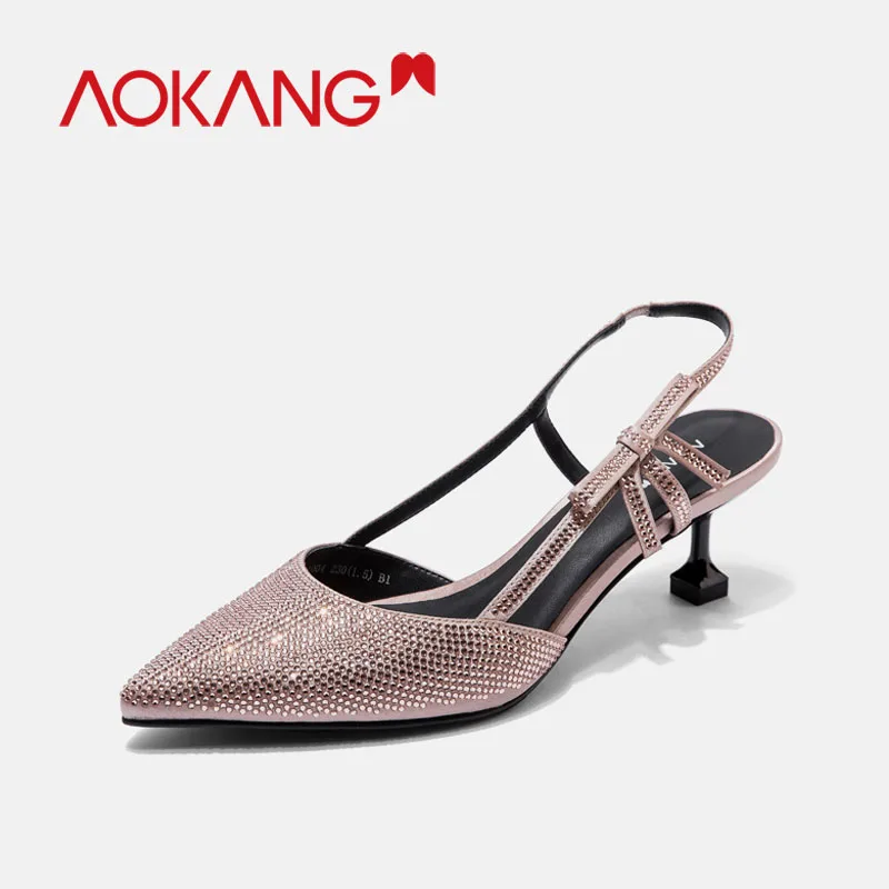 

AOKANG 2019 Sandalias High Heels Pointed Sandals Sexy Female Summer Fashion Crystal Shoes Slide Bowtie Mujer Zapatos Mujer Pumps