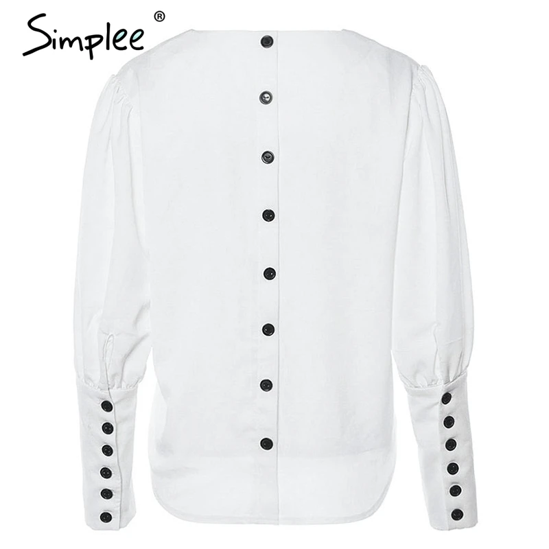  Simplee V neck women blouse shirt Puff sleeve button white blouse Autumn winter lady shirt top Fema
