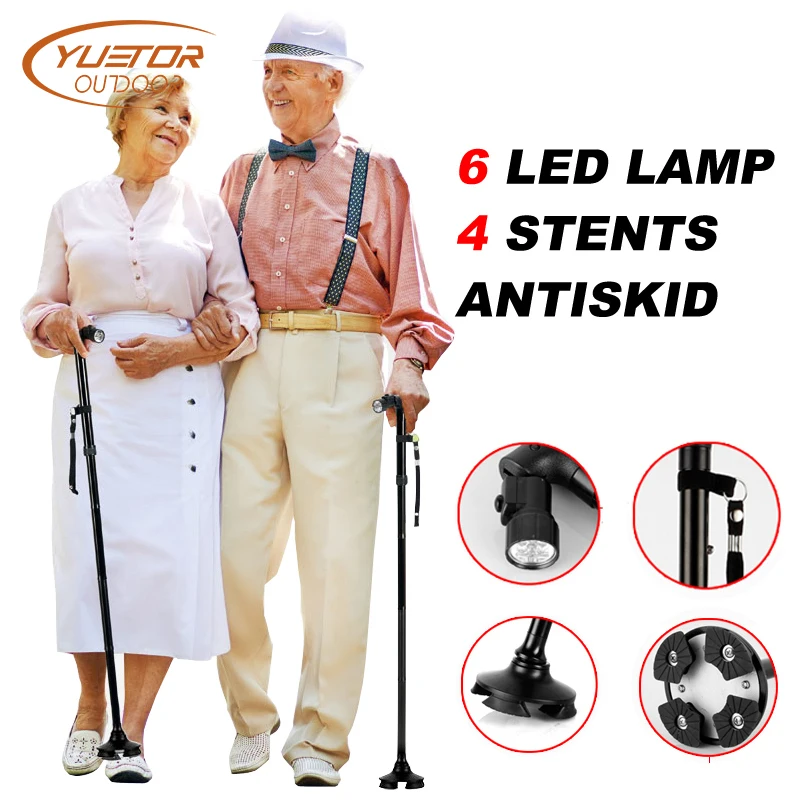 preço YUETOR led light old man folding trekking poles T handle man hiking poles cane walking stick for elders bastones para ancianos