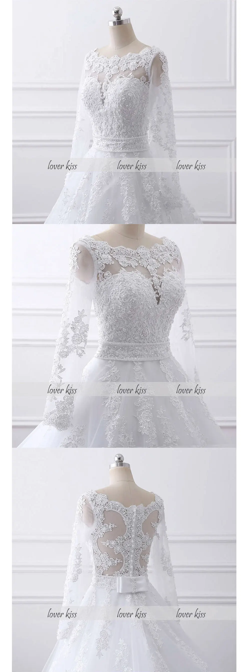 Lover Kiss Vestido de noiva жемчуг длинный рукав с бисером свадебное платье кружевные свадебные платья для невесты с бантом настоящий халат de Mariage