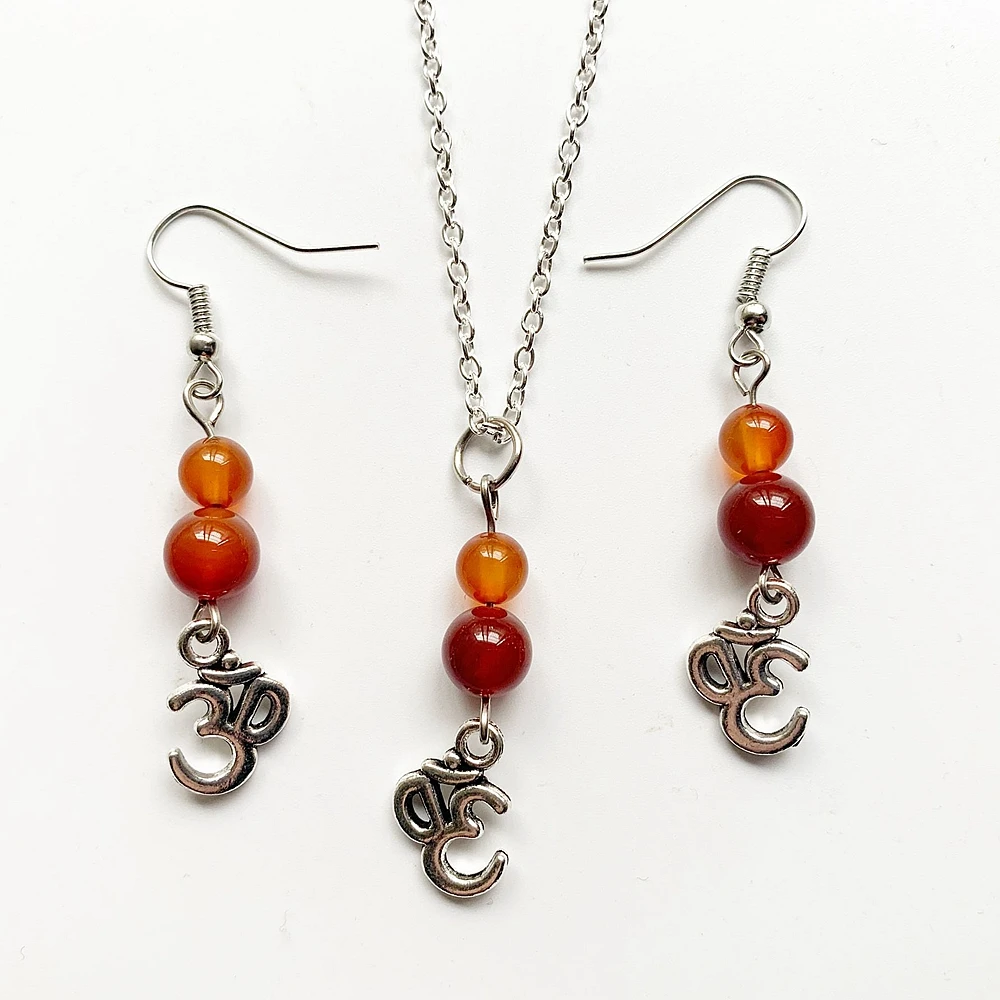 

Bhuann Red Carnelian Earrings Pendant Necklace Set Natural Stone Beads Necklace Set Aum Om Symbol Pendant Earring Set Jewelry