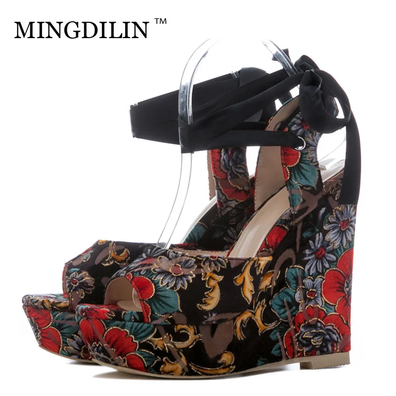 

MINGDILIN Summer Women's Gladiator Wedges Sandals Denim Platform Woman Heels Shoes Women's High Heels Sandals Zapatos Mujer Blue