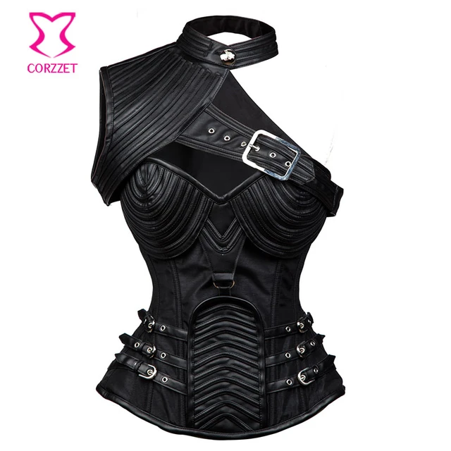 Black Leather Vintage Armor Corset Steampunk Korsett For Women Plus Size  Burlesque Costumes With Hatlter Shoulder Bolero 3XL-6XL - AliExpress