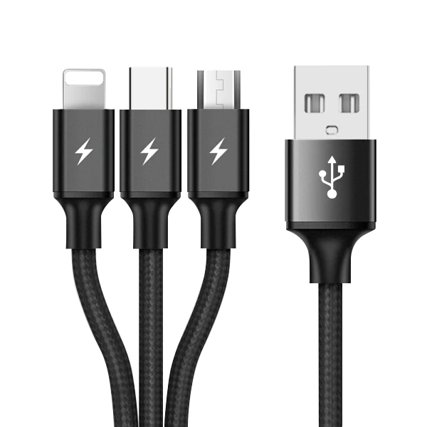 3 в 1 8Pin usb type C Micro USB кабель для iPhone 8X7 6 6S Plus samsung Nokia USB быстрая зарядка кабели Нейлоновый Шнур Универсальный - Цвет: Черный