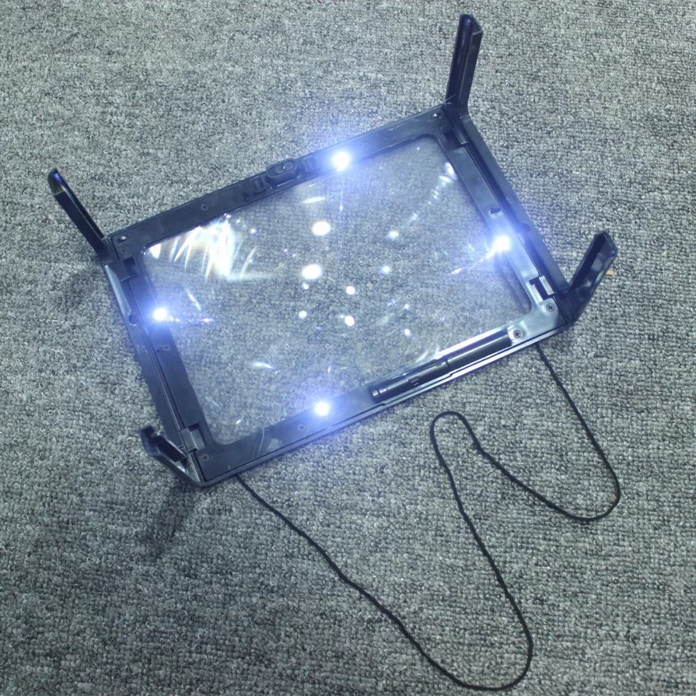 A4 전체 페이지 대형 3X 거대한 핸즈프리 데스크 접이식 돋보기 돋보기 4 LED 라이트 U로 뜨개질 바느질 읽기