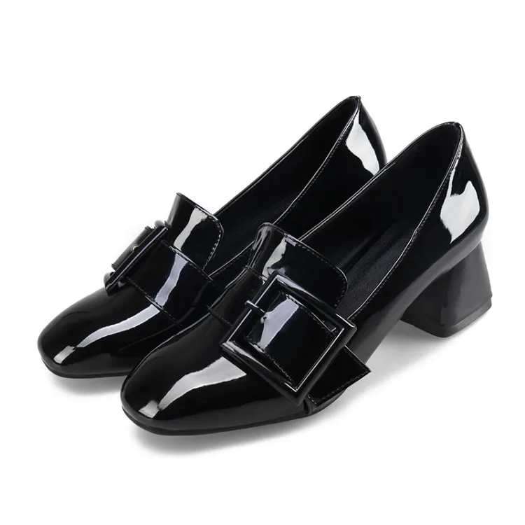 Women's Patent Leather Mid Heels Pumps Buckle Comfortable Shallow Square Toe Office Ladies Pumps Shoes CerdaChic Plus Size Women's Shoes