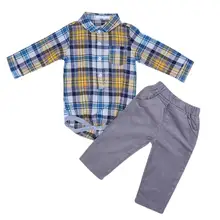 2 предмета, весенне-осенний костюм для маленьких мальчиков, комплект одежды, синие, красные ползунки в клеточку с длинными рукавами+ вельветовые штаны, комплект одежды