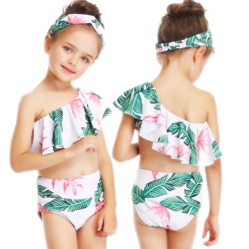 

Bikini Children's Swimwear Ball Cute Lotus Leaf Dress Swimwear Two Piece Kid One Shoulder Swimsuit baby Bathing Suit High Waist