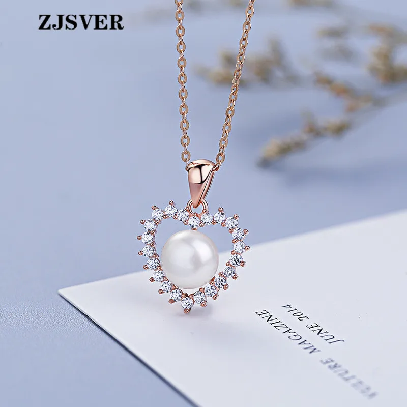 

ZJSVER Fine Jewelry 925 Sterling Silver Necklace Crystal Heart Pearl Pendant Fashion Rose Gold Chain Women Necklace For Present
