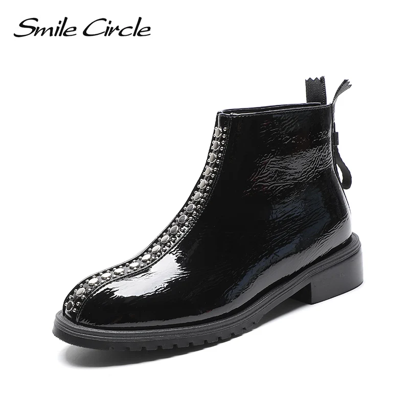 

Smile Circle winter Shoes Women patent leather Boots Warm Fur Rivet Round toe Flat short Boots High-quality Autumn Ladies Shoes