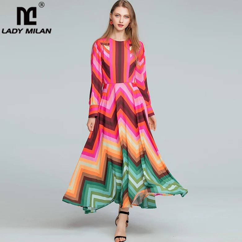 

2019 Women's Runway Designer Dresses O Neck Long Sleeves Rainbows Striped Printed Elegant Maxi Casual Dresses