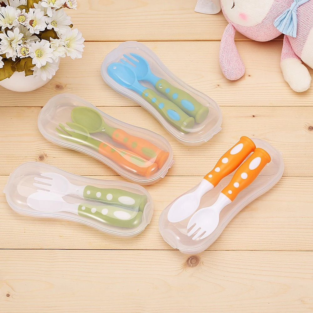 

2Pcs/Set Baby Portable Tableware Set Children Utensil Simple Pure Color Cute Shape Infant Food Feeding Spoon Fork Dinnerware
