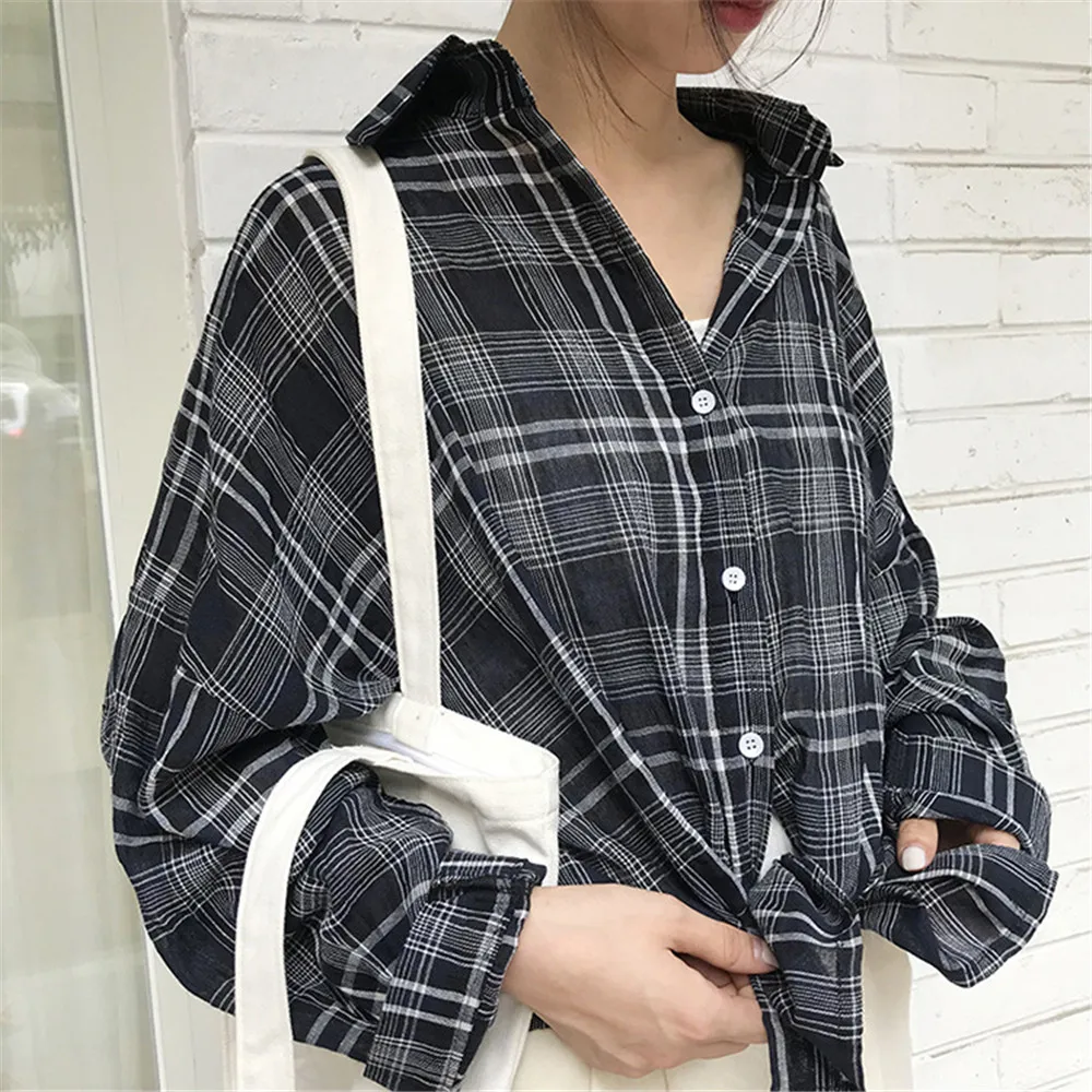  Wide Shoulder Plaid Women Blouses 2018 Autumn Linen Big Chest Plaid Shirts Loose Women Top Blusas Lantern Sleeve Clothing (15)