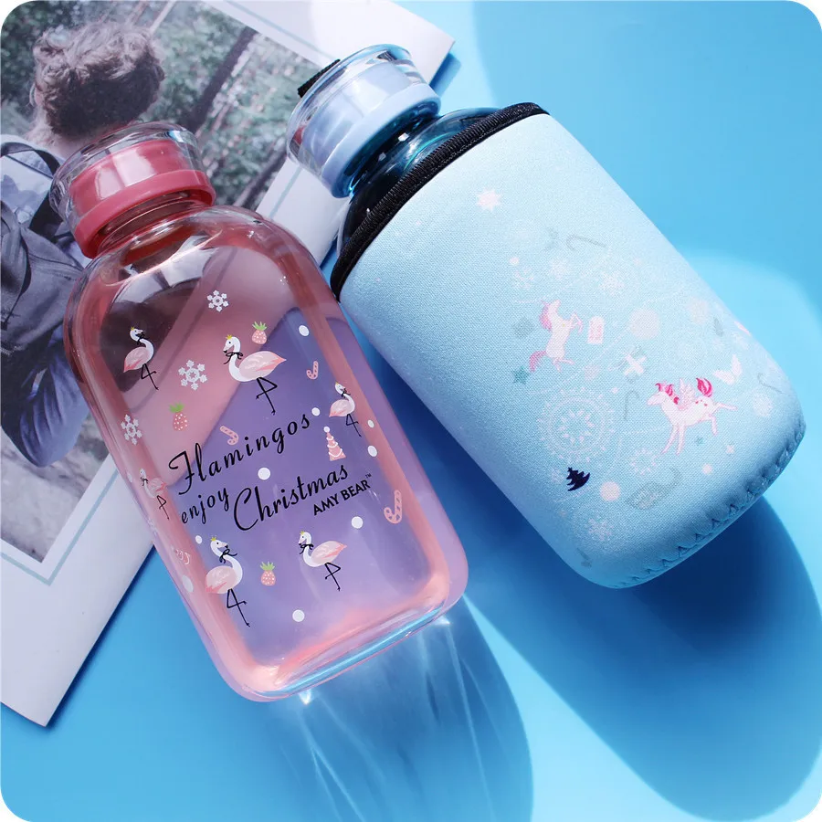 

600ml Big Capacity Creative Cartoon Animal Glass Water Bottle Flamingos Leopard Office Drink Bottle with Insulation Cover