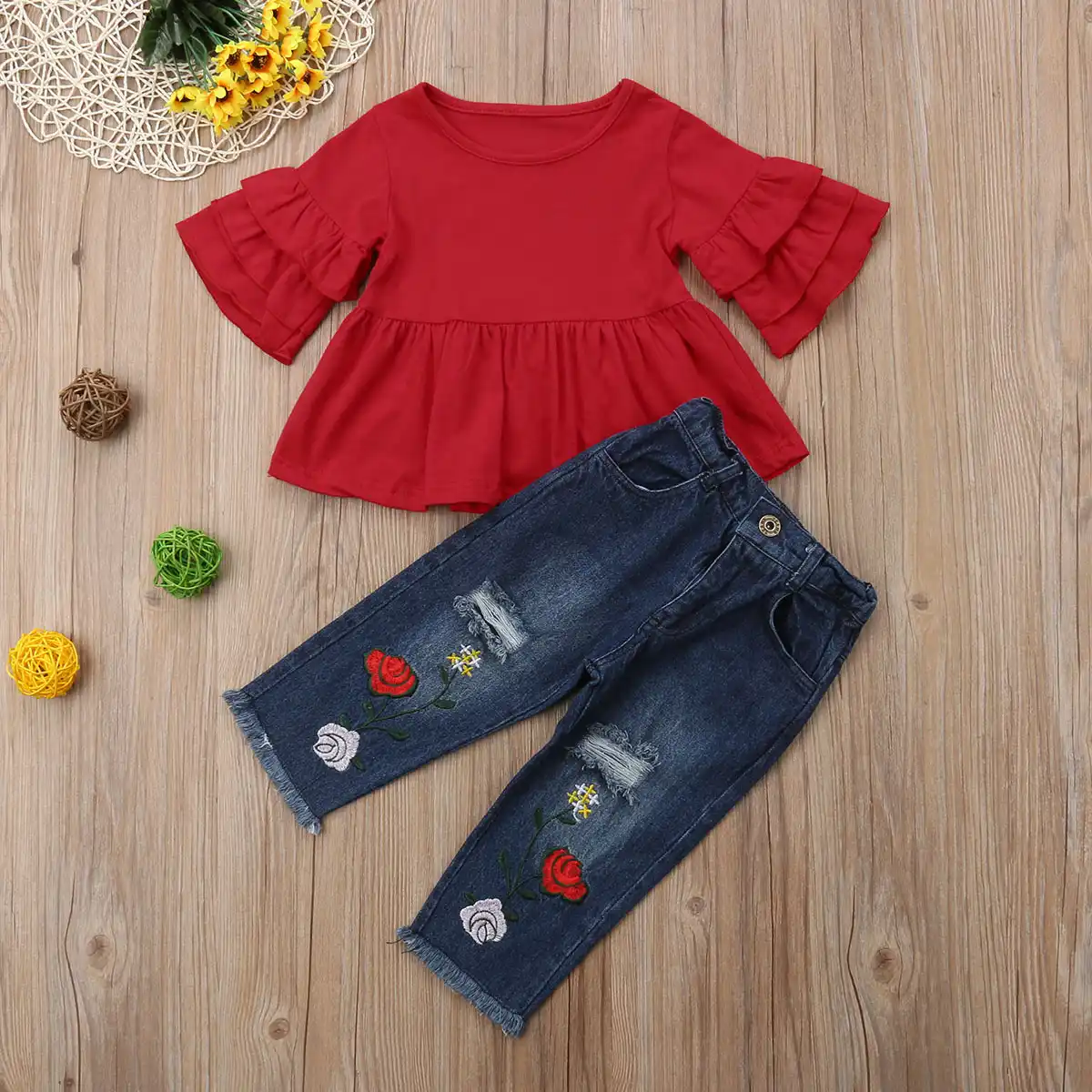 2Pcs Toddler Infant Girls Outfits Long Sleeve Tops Denim pants Kids Clothes Set