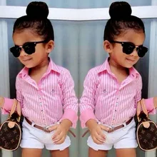 Новинка года, милый повседневный комплект из двух предметов в полоску для девочек, рубашка в полоску и комплект с шортами для детей возрастом от 2 до 7 лет