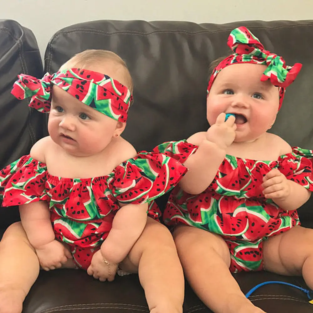 

Pudcoco Summer Sweet Infant Baby Girls Watermelon Flare Sleeve Romper Playsuit Jumpsuit Bowknot headband Outfits Sunsuit