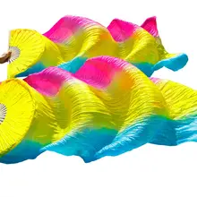 1 шт. правые вентиляторы+ 1 шт. левые Вентиляторы 5 Размер* 0,9 м(XX "* 35") Ручная роспись танец живота Шелковый веер вуаль, изображение покупателя Радужный цвет