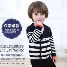 Весенне-осенний хлопковый свитер для маленьких мальчиков, свитер для малышей, одежда для маленьких девочек, вязаные топы для малышей, верхняя одежда для детей, полосатая пуговица