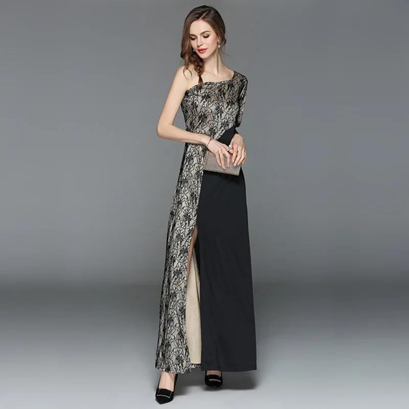 2018 spring summer new fashion sexy women lace dress shoulder sleeve bare shoulder slim female lace formal dress long dress