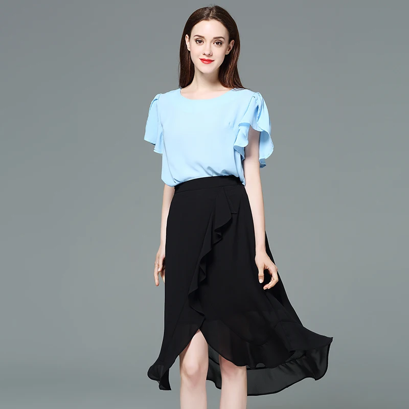 Plus Size Women Chiffon Mid Elastic Waist Ruffles Iregular