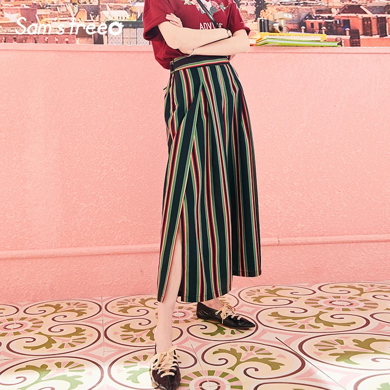

Samstree Women Striped Wide Leg Pants Summer Elastic Waist Split Side Ankle-Length Pants Ladies High Patchwork Loose Trousers