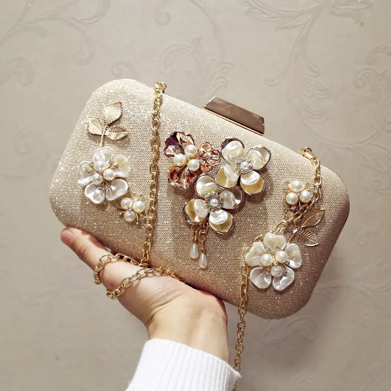 

Women Rhinestones Beaded Pearl HandBag with Chains Gold Evening Clutch Bag Mini Wedding Party Prom Hardware Handbag Day Clutches