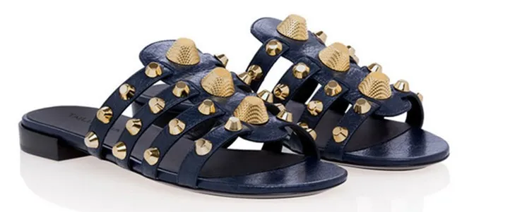 Metal Nuevo Diseñador As 2018 Show Zapatos Show Claveteado as Verano Cuero Remache Del Zapatillas Sandalias Mujer Sólidos pHxqEwHrY