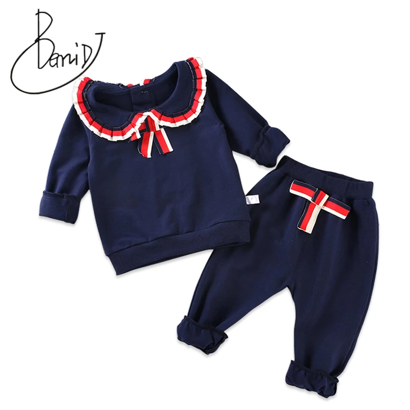 

2019 New Cute Baby Girl Clothing Set Fashion Cotton Wear Long Sleeve Suit Kids Girl Folding lace 1-4Y Solid Pullover pants Sets