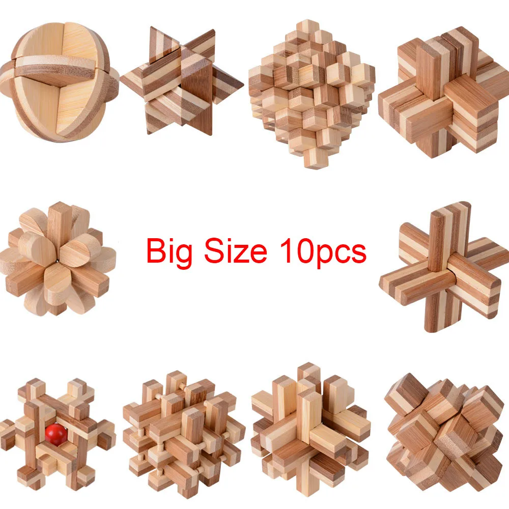 

10PCS/SET Big Size Design IQ Brain Teaser Kong Ming Lock 3D Wooden Interlocking Burr Bamboo Puzzles Game Toy For Adults Kids