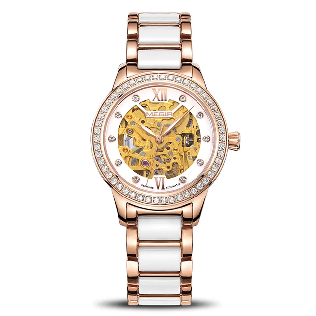 Ceramic Women Mechanical Watches MEGIR Diamond Luxury Ladies Skeleton