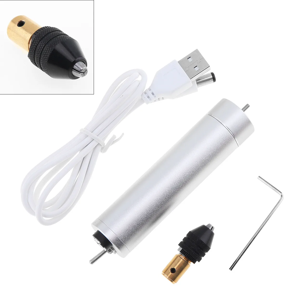 

Mini DC 5V-6V 180 Motor Electric Hand Drill USB Rotary Tool Set with 0.4-3.4 Three-jaw Chuck Hex Wrench for Engraving Polishing